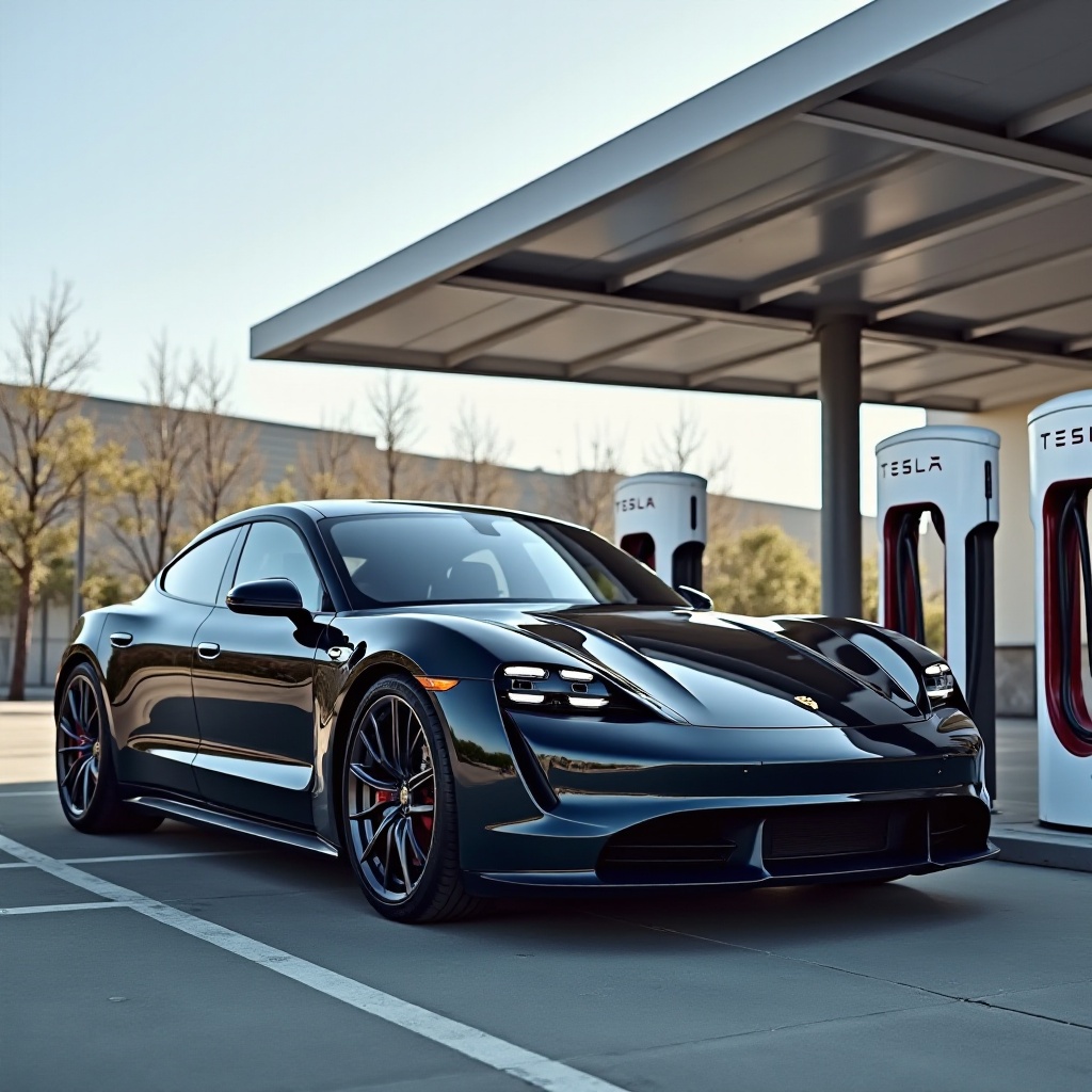 charge taycan at tesla station