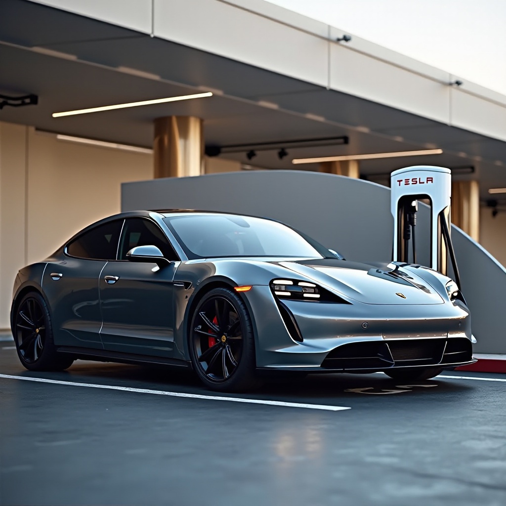 de Taycan opladen bij het Tesla-station